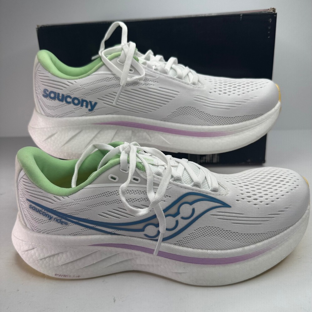 Saucony White Running Shoes with Blue Logo and Green Lining